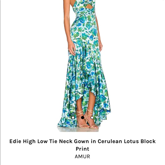 AMUR Edie High Low Tie Neck Gown in Cerulean Lotus Block Print - Picture 3 of 5